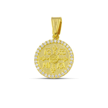 Κωσταντινάτο μενταγιόν στρογγυλό κατασκευασμένο από χρυσό 14 καρατίων, στολισμένο μικρά ζιργκόν περιμετρικά του κοσμήματος.